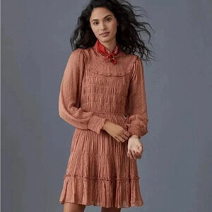 Anthropologie 60’s Dalia smocked pink ruffle mini dress